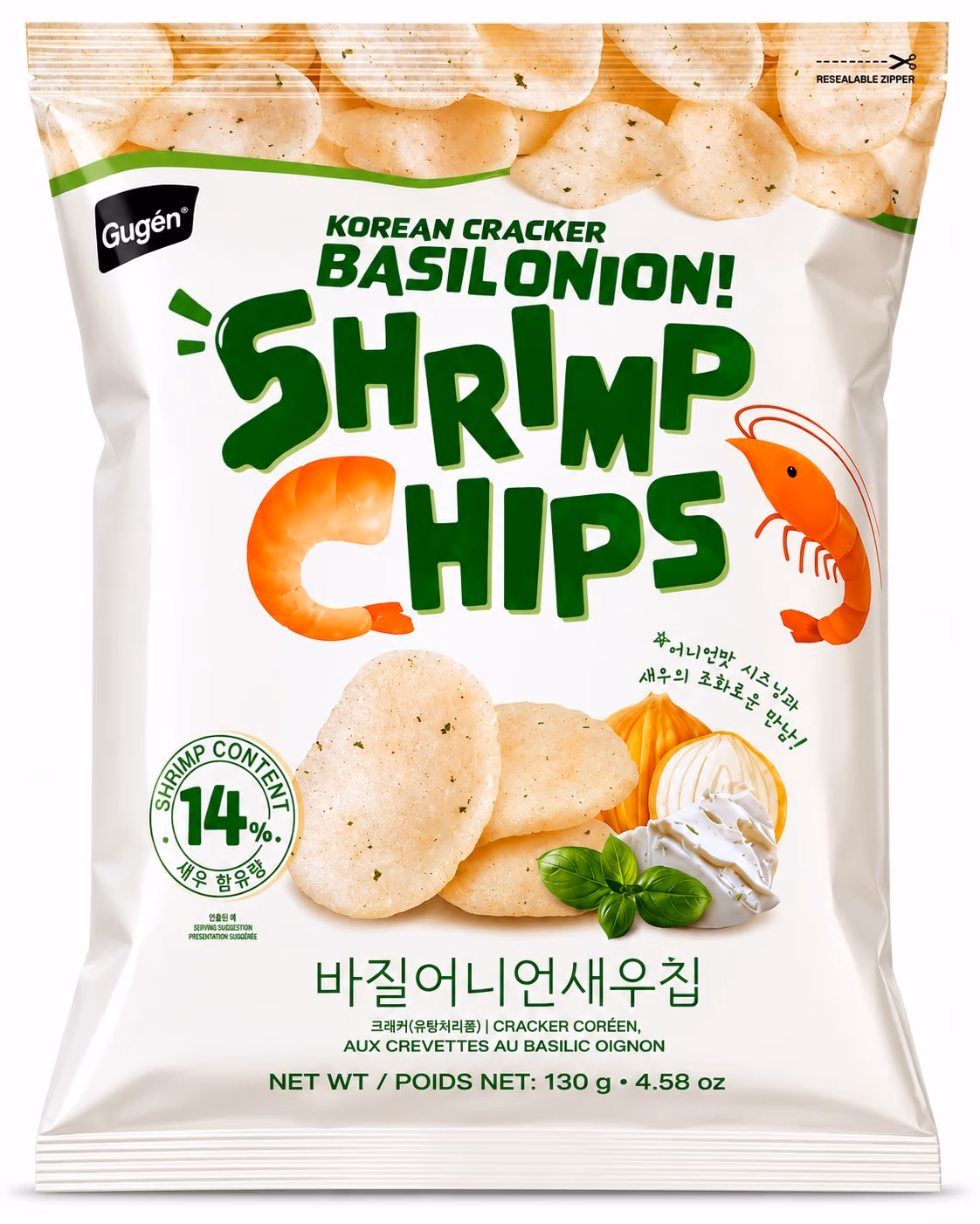 Shrimp Chips Basil & Onion, Chips Coréennes aux Crevettes, Basilic et Oignon 130g